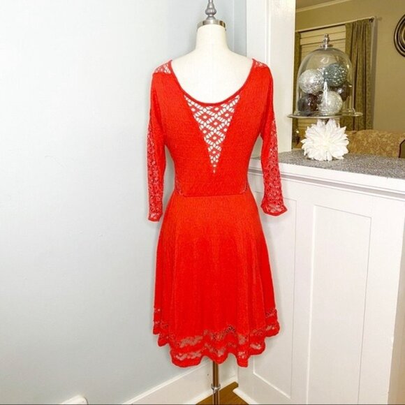 Free People Red Lace Crochet Cut Out Fit & Flare Dress Medium - Picture 7 of 11